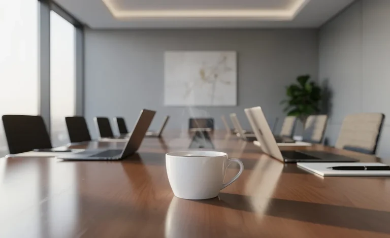 Salle de réunion moderne éclairée par la lumière du matin, avec table équipée de carnets, stylos, ordinateurs portables et une tasse de café au premier plan.