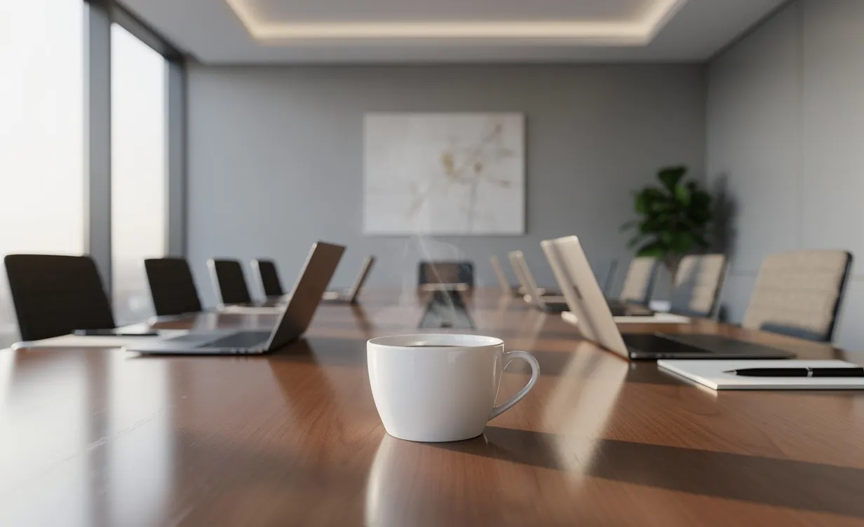 Salle de réunion moderne éclairée par la lumière du matin, avec table équipée de carnets, stylos, ordinateurs portables et une tasse de café au premier plan.