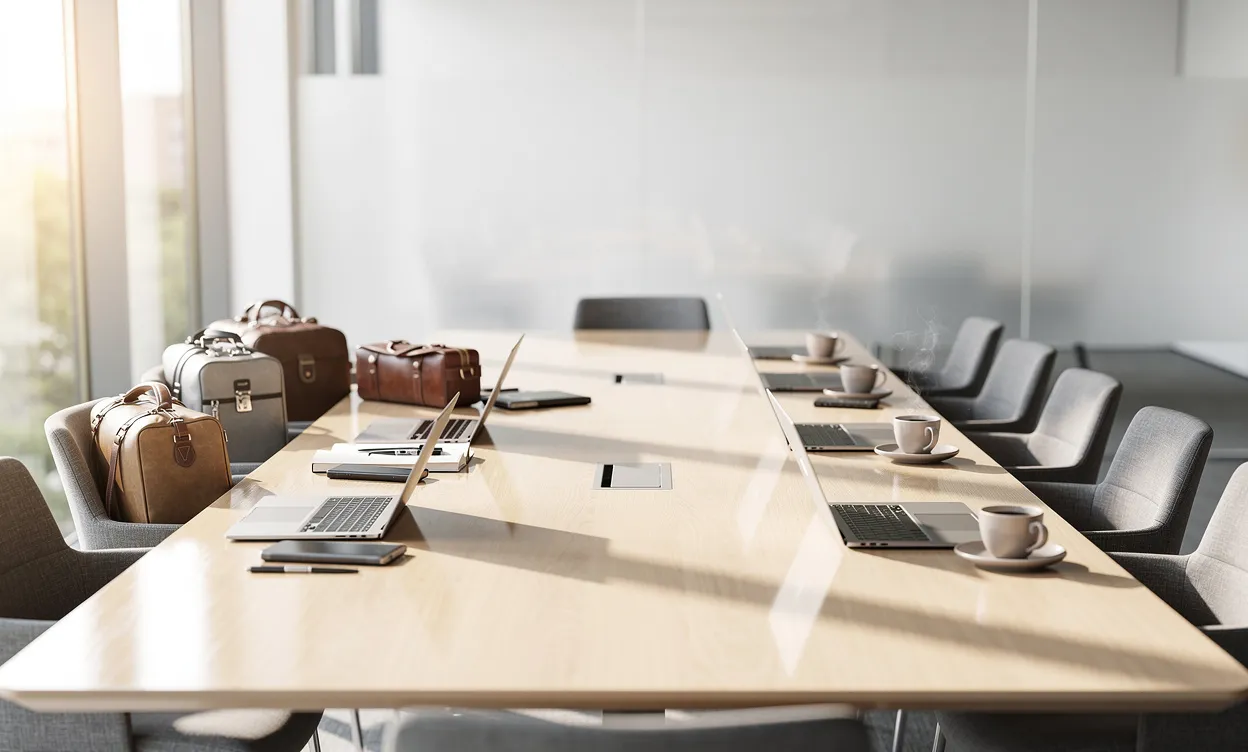 Table de conférence moderne dans une salle lumineuse avec des sacs de voyage et carnets d’un côté, des ordinateurs portables et des tasses de café de l’autre, sous une lumière naturelle.