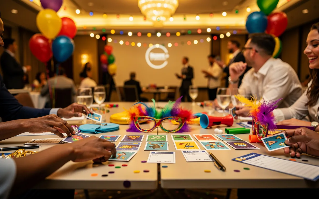 Salle d’événement d’entreprise décorée de lumières colorées et de ballons, avec une table centrale où des mains jouent avec des cartes ludiques et des accessoires de fête.