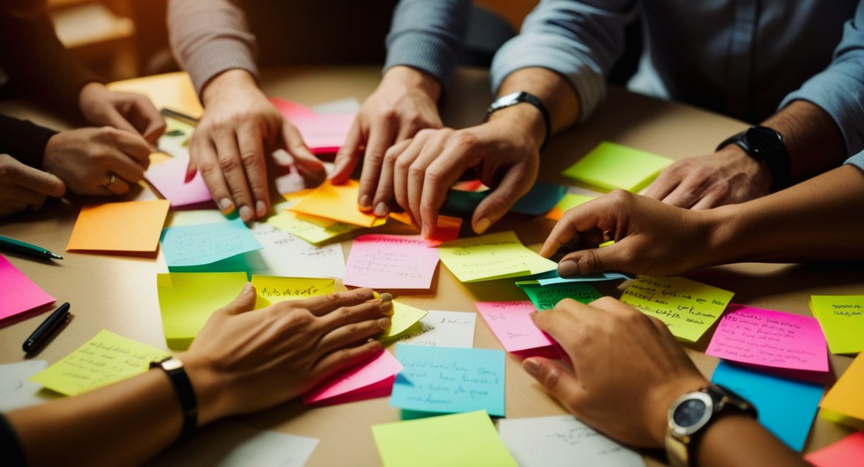 séance de brainstorming avec post-it colorés pour surmonter les bloquages créatifs