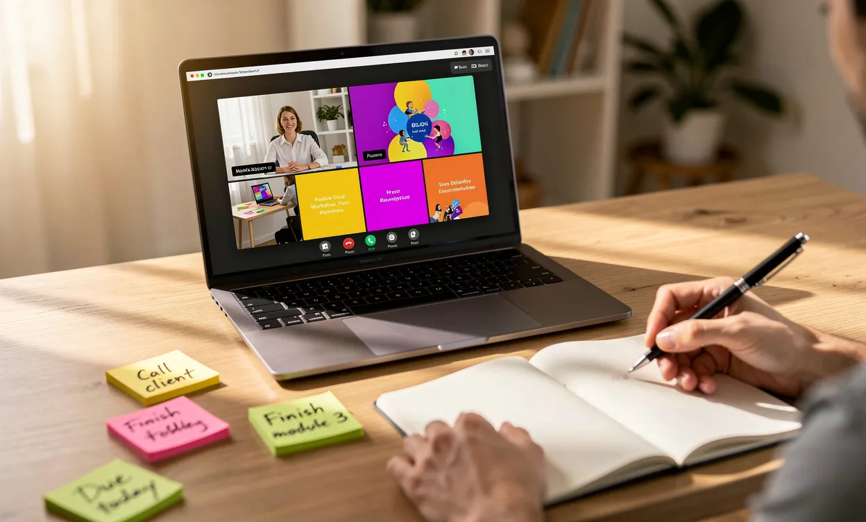 Un ordinateur portable sur un bureau moderne affiche un atelier vidéo, avec des mains prenant des notes et des pense-bêtes autour, éclairés par une lumière matinale.