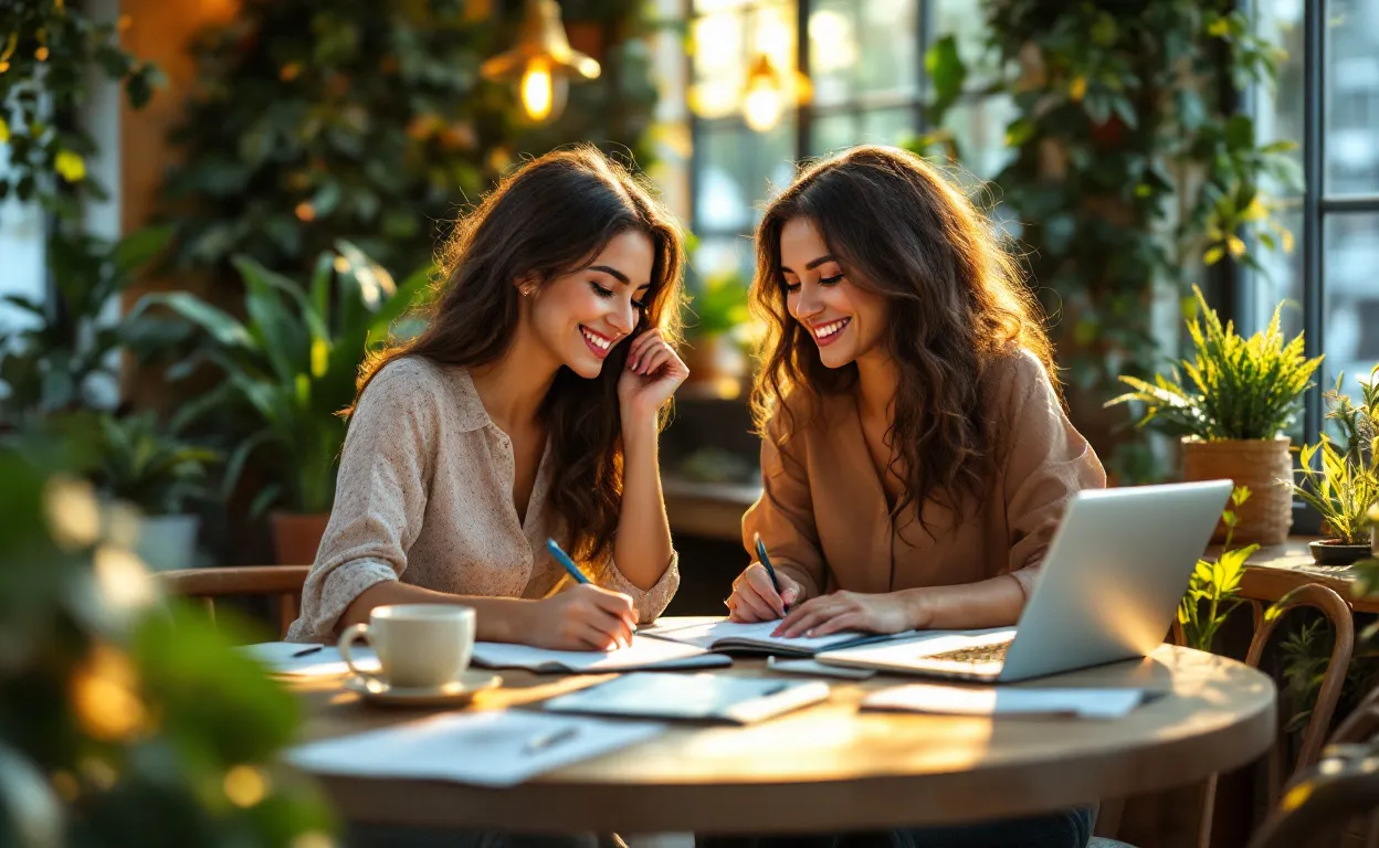 Deux femmes entrepreneures travaillent ensemble à une table en bois dans un café lumineux avec des plantes en arrière-plan.