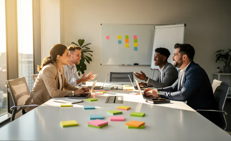 Quatre personnes discutent autour d’une table de conférence moderne avec des ordinateurs portables et des notes colorées, éclairées par la lumière du jour entrant par de grandes fenêtres.