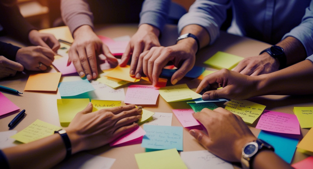Equipe en reunion organisant des idees sur des post-it colores